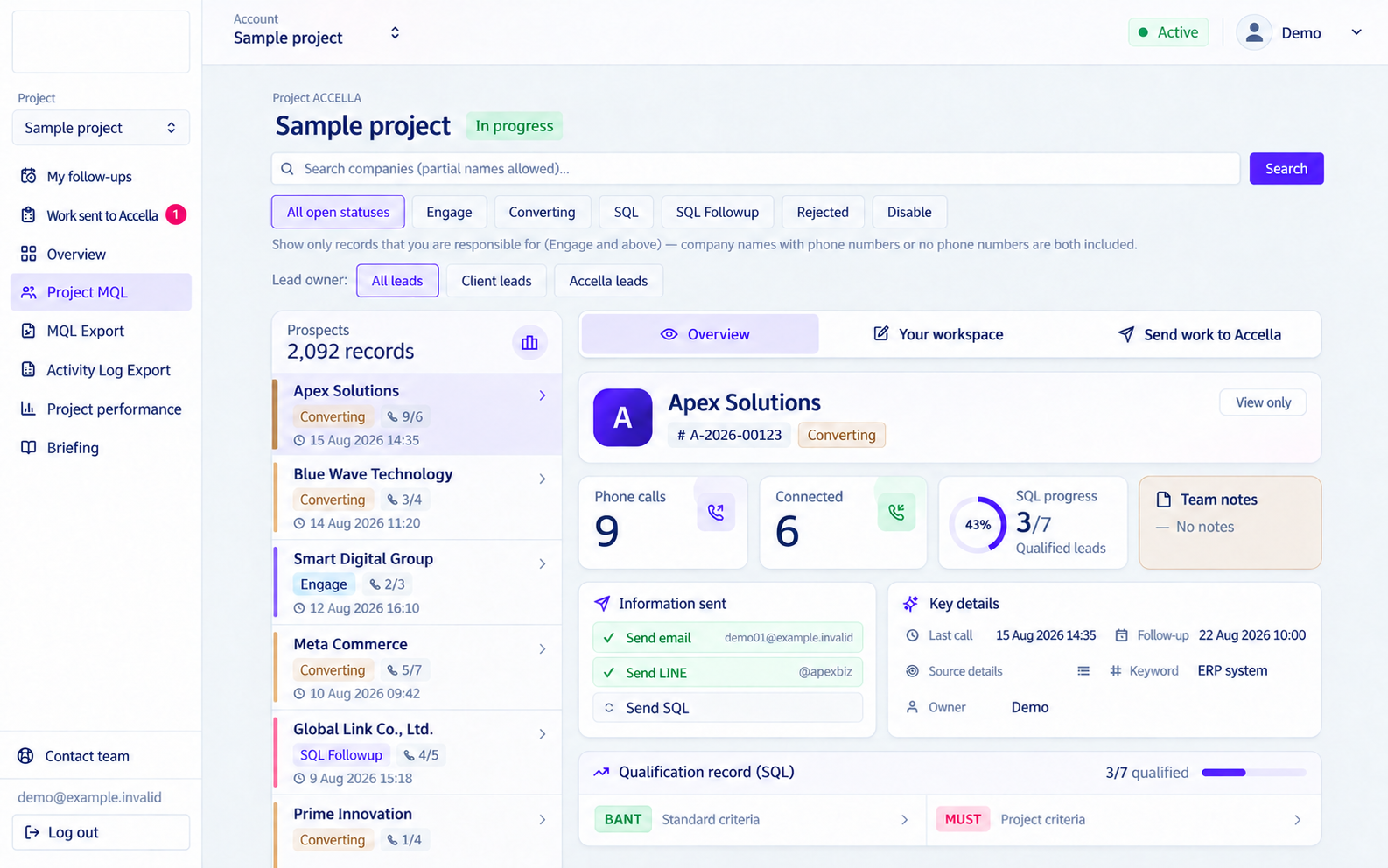 Project MQL preview with lead list and customer details